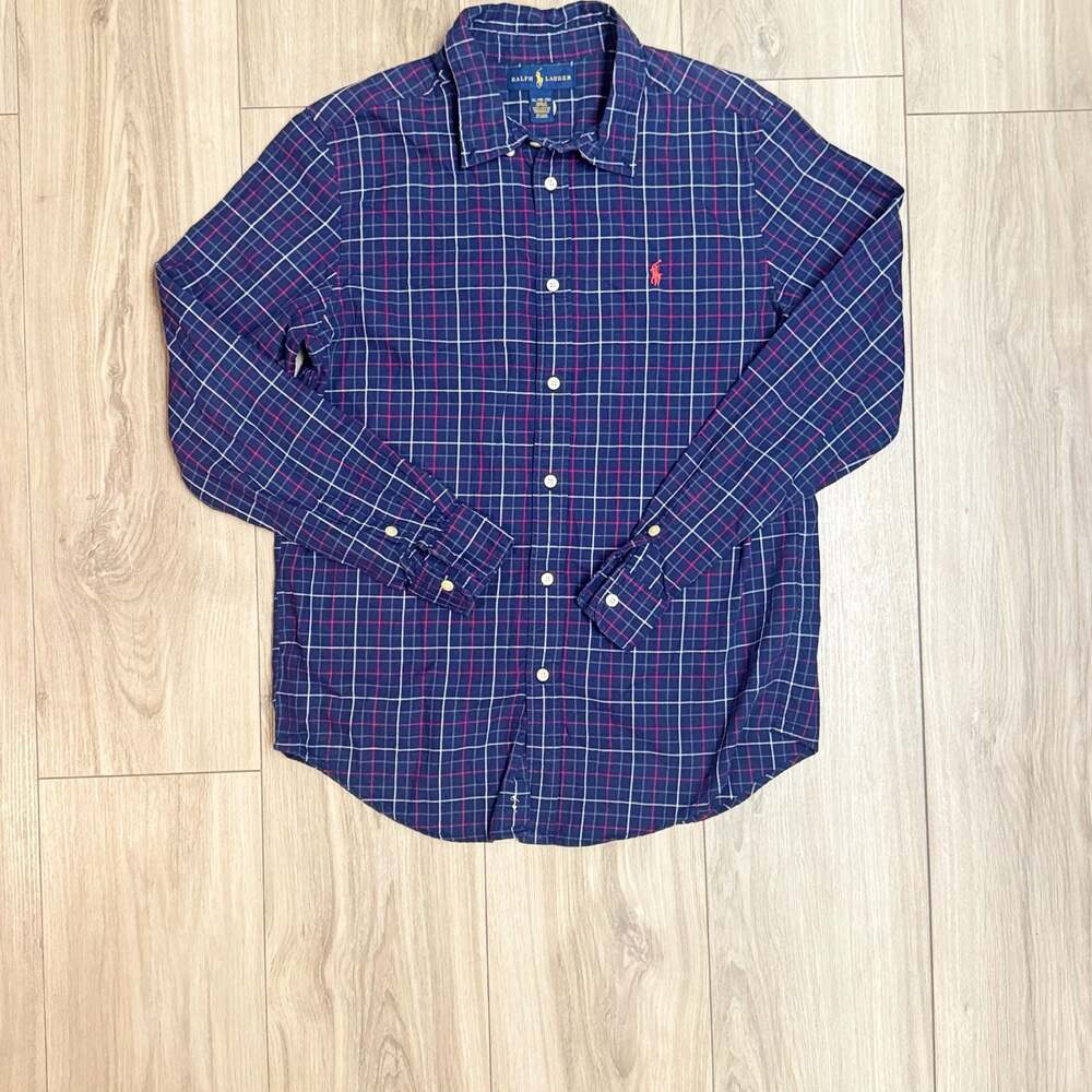 Ralph Lauren Classic Fit Flannel Shirt XL Boys Blue Plaid Cotton Button Down